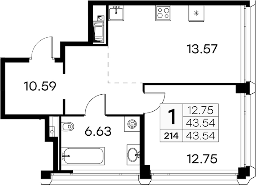1-комнатная квартира 43.54 м², 18/19 эт., ЖК «GloraX Aura Vasileostrovsky»
